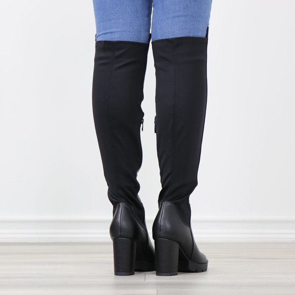 Black Faux Leather Round Toe Thigh High Over The Knee Lug Block Heel Boots - Picture 9 of 15